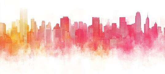 Fototapeta premium Vibrant City Skyline, Abstract Watercolor Painting Of Urban Landscape In Red And Yellow Tones.