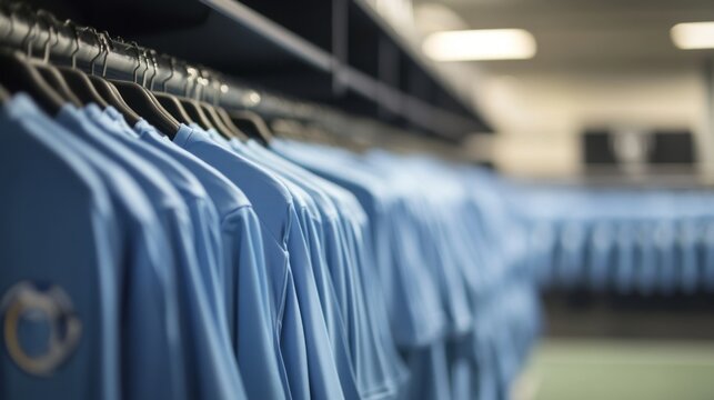 Empty locker room displaying team jerseys on hooks, symbolizing the absence of players yet evoking the spirit of camaraderie and shared achievements.