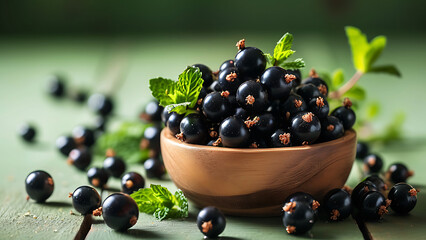 Close up of fresh blackcurrants with mint leaves in a rustic wooden bowl.  Healthy food, summer harvest, vitamin rich concept.