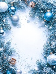 Festive Christmas Border Design with Blue Ornaments and Pine Cones for Holiday Celebrations, Perfect for Seasonal Greeting Cards or Decorative Backgrounds