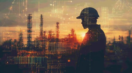 A construction worker stands silhouetted against a colorful sunset, observing an industrial landscape.