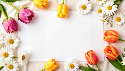 Colorful tulips and daisies framing a blank canvas