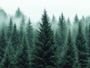 A serene landscape featuring a dense fir forest shrouded in mist, evoking a vintage, retro charm with its muted and calming color palette.