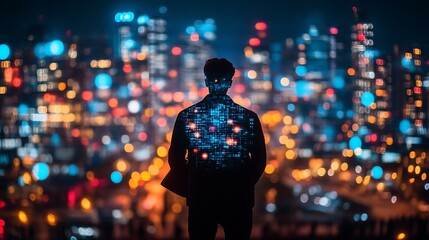 Man facing city at night, digital overlay.