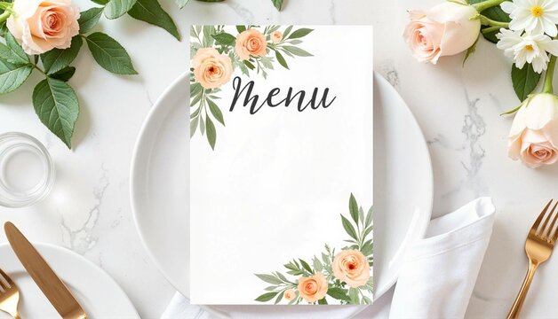 Elegant menu design with floral accents on marble table