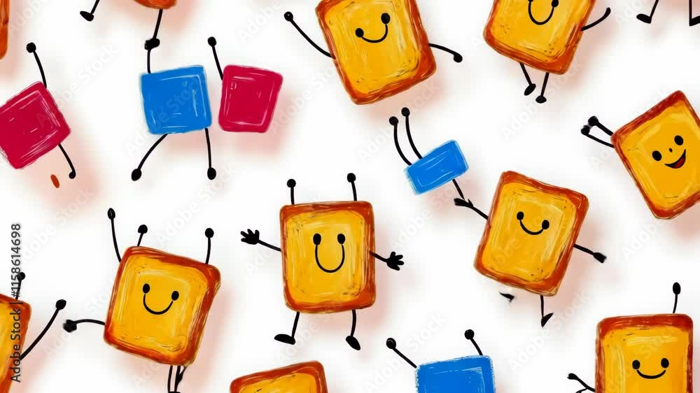 Poster cartoon of a bunch of smiling yellow and blue blocks. the blocks are smiling and have a happy expres