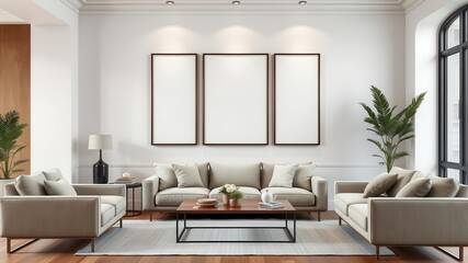Mockup of wall art template in an elegant living room setting with neutral colors and modern furniture, template, modern furniture, neutral colors