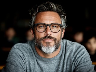 Obraz premium A portrait of a smiling male teacher with glasses in a classroom setting, exuding warmth and approachability. The image has a calm and friendly vibe.