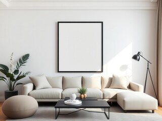 Mockup of a stylish living room wall art with a black frame, showcasing a minimalist design, preview, modern, home decor