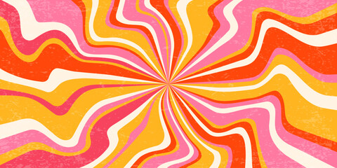 Retro background with spiral sunburst. Vector swirl textured radial pattern with rays. Vintage abstract wavy pink and orange striped vortex. 70s funky psychedelic disco bg.