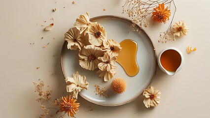 Flat lay of honey, dried flowers, and minimalist design elements.  Concept of natural beauty, healthy food, and wellness.