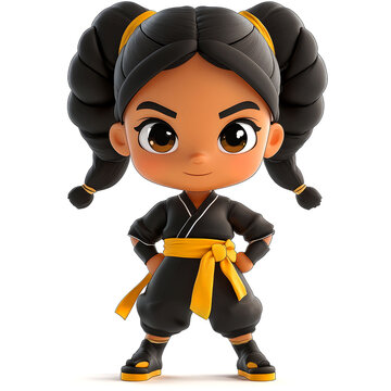 Cute cartoon girl in black karate gi.