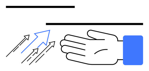 Fototapeta premium Open hand with arrows, blue and black lines convey motion, progress, support, and guidance. Ideal for teamwork, leadership, communication, collaboration assistance growth and direction themes