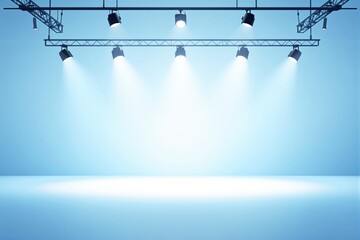 Studio stage with overhead spotlights illuminating a smooth blue surface, minimalistic style, bright background, concept of presentation space. Ai generative