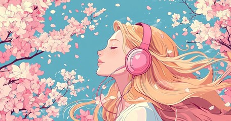 Obraz na płótnie Canvas Cherry blossoms and a girl listening to music