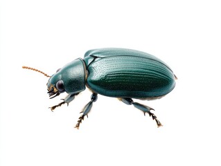 Naklejka premium A detailed image of a green June beetle is isolated on a white background, showcasing its shiny shell and intricate body features.