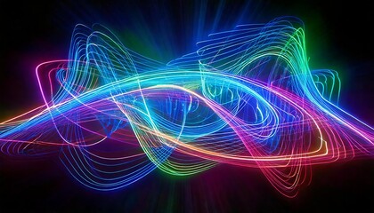 High-Resolution Image of Intertwined Neon Light Trails Forming Complex Geometric Patterns