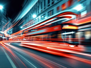 A dynamic city scene showing a bus in motion, with red and white light trails highlighting speed and movement on an urban street at night.