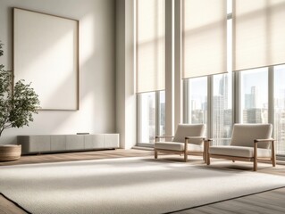 Fototapeta premium Modern light apartment with large windows, featuring elegant chairs and minimalistic decor. Soft sunlight creates a serene atmosphere.