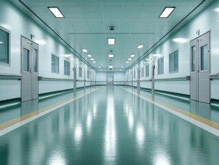 A motion blurred image of a hospital corridor, featuring reflective green floors and symmetrical white walls, illuminated by overhead lighting.