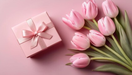 Fototapeta premium birthday card, march 8 and mother's day - delicate tulips and gift box