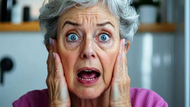 Woman in a pink sweater is looking at the camera with her hands on her head. She is in a state of shock or surprise