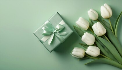 birthday card, march 8 and mother's day - delicate tulips and gift box