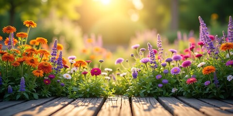 Vibrant Flower Garden with Colorful Blossoms and Sunlit Wooden Deck