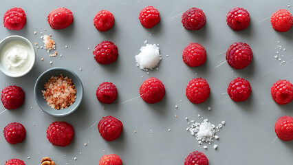 Flat lay of fresh raspberries arranged with sea salt and cream.  Concept for healthy food, dessert,...