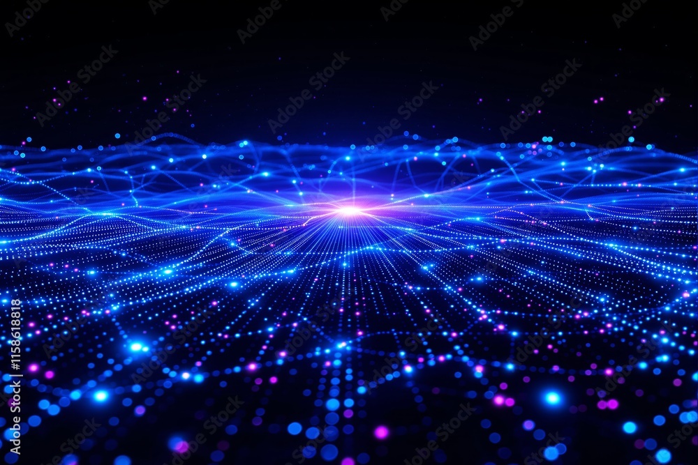 Poster abstract glowing blue and purple grid of interconnected points on a dark background. futuristic conc