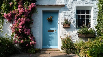 Fototapeta premium Charming blue door surrounded by vibrant flowers in a quaint garden setting