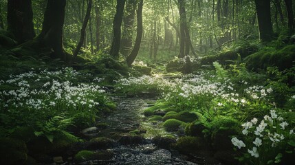 Obraz premium Tranquil forest scene with a gentle stream winding through vibrant green foliage and blooming flowers in morning light.