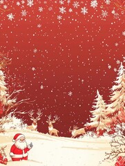 Cute Cartoon Style Christmas Scene Featuring Santa, Snowflakes, and Adventurous Reindeer in a Charming Winter Wonderland
