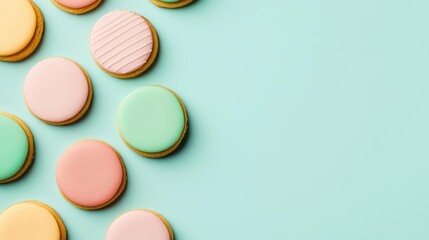 Obraz premium Pastel cookies idea. Colorful macarons arranged on a pastel background for a delightful dessert display.