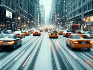 A bustling city street with yellow taxis zooming past, creating a lively and dynamic time-lapse effect. Snow covers the road, adding a wintry touch.