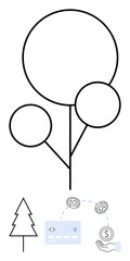 Three circular trees, a triangle tree, and currency symbols with a credit card and hand icon. Ideal for sustainability, finance, nature conservation, eco-business, green banking, environmental