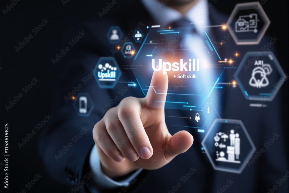 Poster businessman touching futuristic interface with icons for upskilling and soft skills, dark gradient b