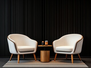 Two modern chairs face each other with microphones on a table, set against a dark, minimalist background. The setting is ideal for podcasts or interviews.