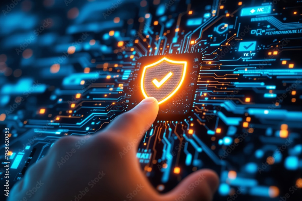 Poster a hand interacts with a glowing shield symbol on a futuristic digital circuit board in blue and oran