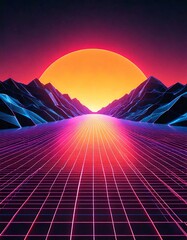 Retro 80s-Style Neon Grid Landscape with Glowing Sunset Background