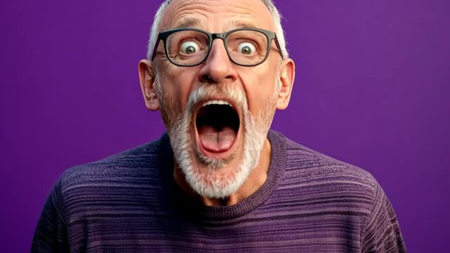 Man with glasses and a beard is looking surprised. He is wearing a purple shirt and has a striped pattern on it