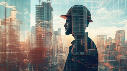 A construction expert stands against a city skyline, with overlays of digital designs illustrating the integration of AI. This moment captures the future of real estate transformation in urban areas.