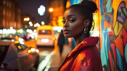 Obraz premium A stylish woman stands by a vibrant mural in a city at night, reflecting urban life and stunning colors in the background.
