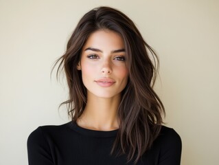 Obraz premium A Middle Eastern woman in her 30s with brown hair against a cream background, wearing a black top. Her expression is calm and serene.