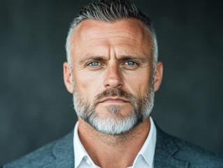 Fototapeta premium Portrait of a confident middle-aged man with a salt-and-pepper beard, wearing a suit jacket against a dark background.