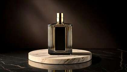 Fototapeta premium Ultra-High-Resolution Mockup of a Sleek Black Perfume Bottle with Gold Accents