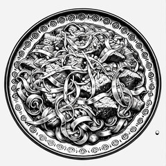 Etched Black and White Noodle Bowl Illustration with Decorative Details