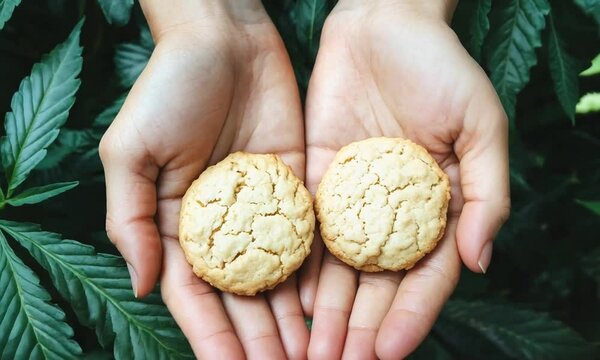 Hands holding two cannabis cookies above lush green cannabis leaves. Edible cannabis products, medical marijuana, nature. CBD edible sweets, indulgent treats, alternative wellness