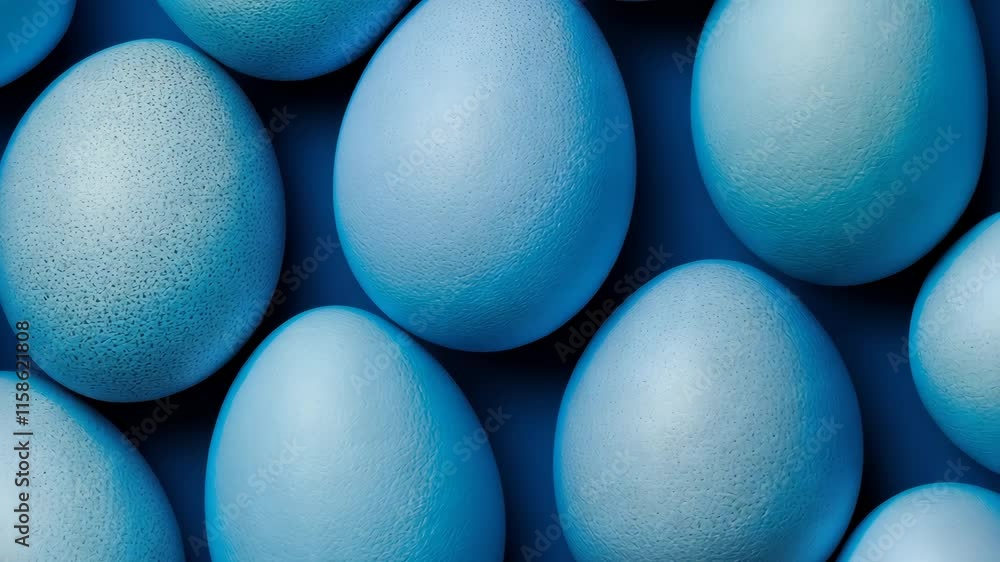 Poster group of blue eggs are arranged in a row. the eggs are all the same size and color, and they are all