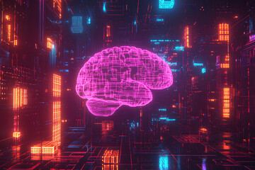 A futuristic human brain emitting vibrant digital lines and glowing effects. The scene symbolizes technology, artificial intelligence, and innovation. Perfect for conceptual and scientific projects